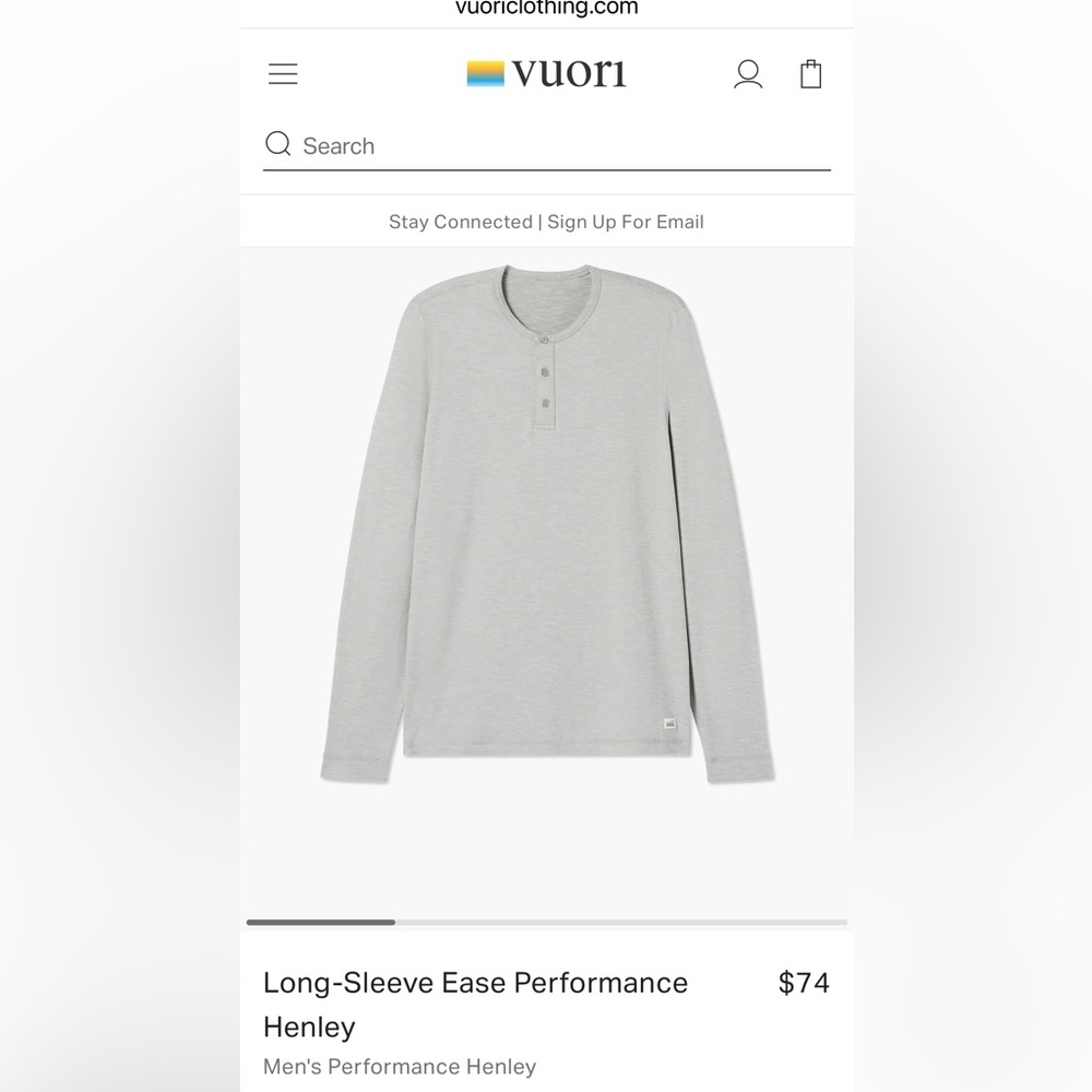 Vuori- Men’s “Long Sleeve ease performance Henley”. XXL. Heather Grey